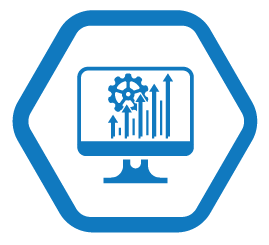 Transform Data and Systems icon - computer with graph, arrows, and a gear