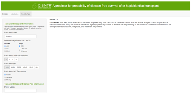 Screenshot showing predictor for probability of disease-free survival after haploidentical transplant tool